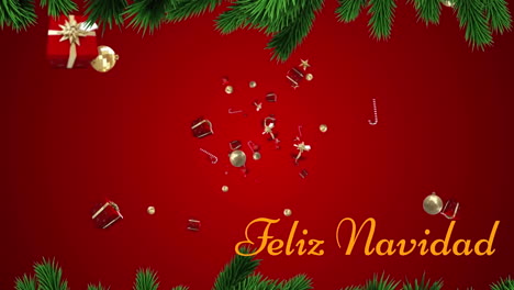 Animation-of-feliz-navidad-text-over-christmas-gifts-and-decorations-floating-against-red-background