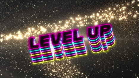 Animation-of-neon-level-up-text-banner-over-shooting-star-against-black-background