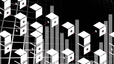 Animation-of-financial-graphs-and-cubes-on-black-background