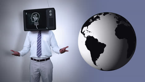 Animation-of-caucasian-man-with-tv-instead-of-head-and-globe-on-grey-background