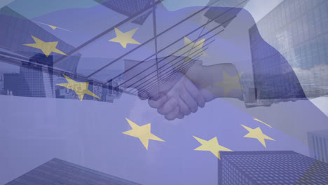 Animation-of-european-union-flag-over-businessman-and-businesswoman-shaking-hands