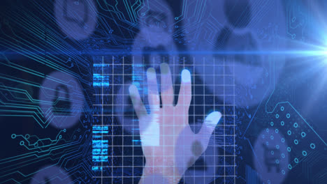 Animation-of-caucasian-person-fingerprints-scanning-on-grids-over-digital-interface