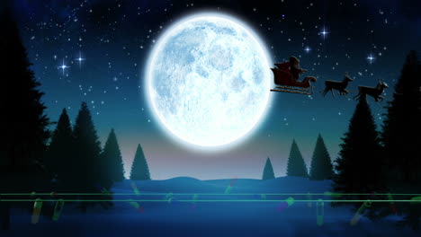 Coloured-christmas-string-lights-flashing-over-winter-scene-with-santa-passing-full-moon-in-sleigh