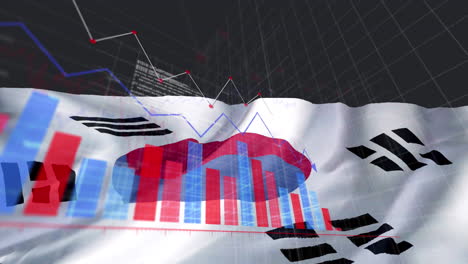 Animation-Von-Diagrammen,-Datenverarbeitung-Und-Flagge-Südkoreas-Auf-Schwarzem-Hintergrund