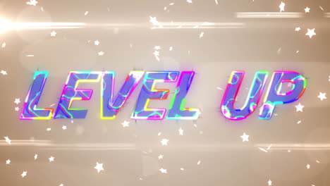 Animation-of-level-up-text-and-stars-with-lens-flares-over-abstract-background