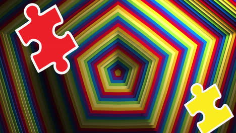 Animation-of-colourful-jigsaw-puzzles-over-rainbow-hexagons