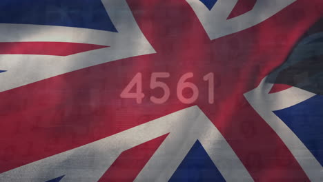 Animation-of-increasing-number-over-waving-uk-flag-against-cityscape