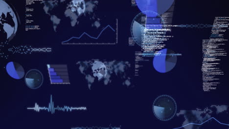 Animation-Eines-Sich-Drehenden-Globus,-Einer-Weltkarte-Und-Datenverarbeitung-Vor-Blauem-Hintergrund