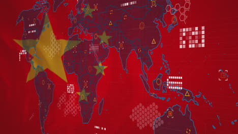 Animación-Del-Mapa-Mundial-Y-Procesamiento-De-Datos-Contra-El-Fondo-De-La-Bandera-China-Ondeante