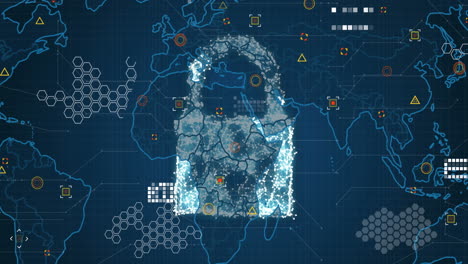 Animation-of-cloud,-security-padlock-and-sheild-icon-over-world-map-against-blue-background