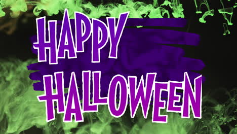 Animation-of-happy-halloween-text-over-green-and-purple-background