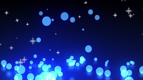 Animation-of-snowflakes-and-blue-glowing-balls-falling-against-black-background-with-copy-space