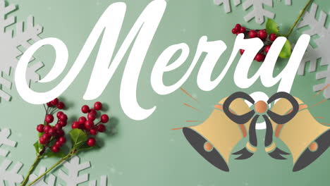 Animation-of-merry-text-and-bells,-ribbons-over-snowflakes-and-berries