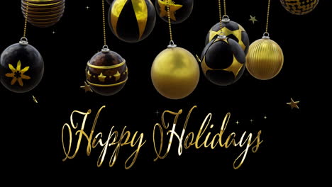 Happy-holidays-text-with-black-and-gold-christmas-baubles-swinging-and-stars-on-black-background