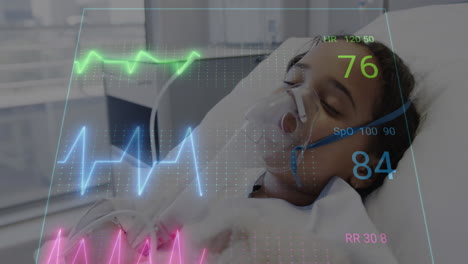Animation-of-heart-rate-monitor-against-biracial-girl-in-wearing-oxygen-mask-lying-on-hospital-bed