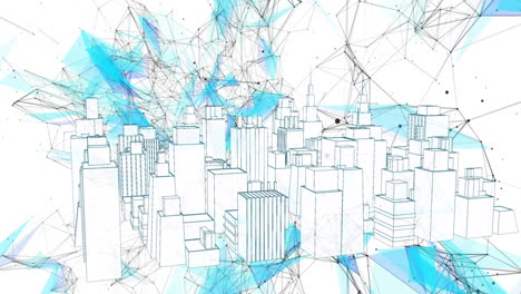 Animation-Eines-Netzwerks-Von-Verbindungen-über-Einem-Sich-Drehenden-3D-Stadtmodell-Vor-Weißem-Hintergrund