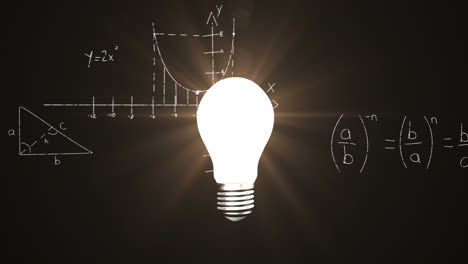 Animation-Einer-Glühbirne-über-Mathematischen-Gleichungen-Auf-Schwarzem-Hintergrund