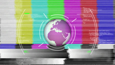 Animation-of-globe,-viewfinder-and-data-over-tv-glitch