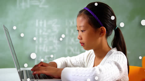 Animation-of-floating-dots-asian-girl-typing-on-keyboard-of-laptop-against-green-board