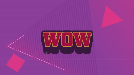 Animation-of-wow-text-on-retro-speech-bubble-against-abstract-shapes-on-purple-background