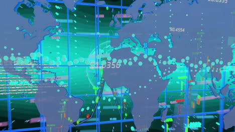 Animation-Von-Finanzdiagrammen,-Daten-Und-Weltkarte-Auf-Grünem-Hintergrund