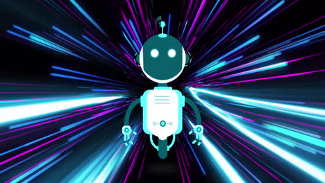 Animation-Eines-KI-Chatbots-über-Einem-Bunten,-Gestreiften-Lichtspur-Hintergrund