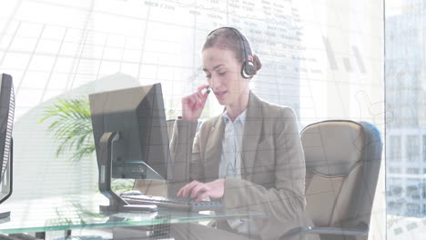 Animation-of-stock-market-data-processing-over-caucasian-woman-talking-on-phone-headset-at-office