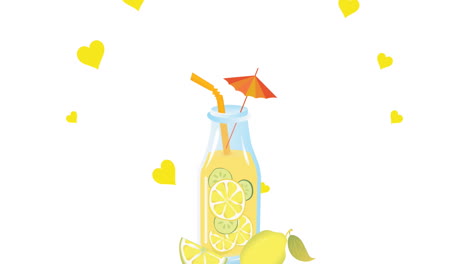 Animation-of-lemonade-bottle-and-lemon-icon-with-yellow-heart-floating-against-white-background