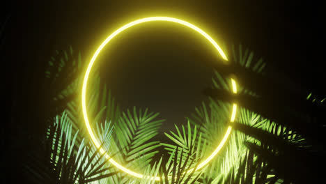 Animation-Von-Blättern-über-Gelbem-Neonkreis-Auf-Schwarzem-Hintergrund
