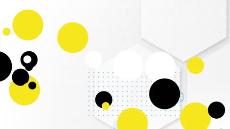 Animation-of-yellow,-black-and-white-circles-moving-over-white-background-and-processing-data