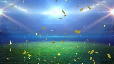 Animation-of-golden-confetti-falling-against-sports-field-and-floodlights