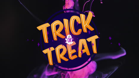 Animation-of-trick-or-treat-text-and-ghost-over-pink-smoke-on-black-background