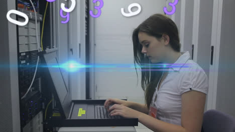 Animation-of-numbers-over-caucasian-female-worker-in-server-room