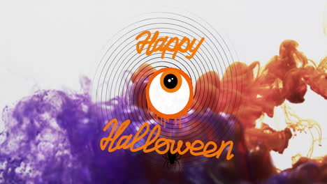 Animation-of-happy-halloween-text-and-eye-over-purple-and-white-background