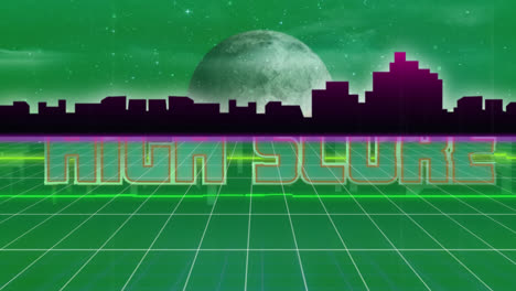 Animation-of-high-score-text-over-cityscape-on-green-background