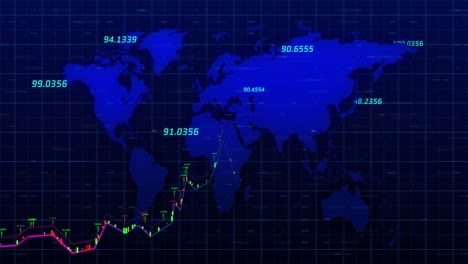 Animation-Der-Finanzdatenverarbeitung-über-Einer-Weltkarte-Auf-Schwarzem-Hintergrund