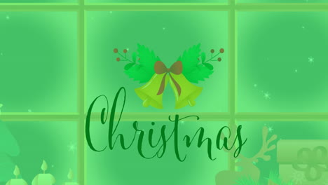 Animation-Eines-Weihnachtlichen-Textbanners-Vor-Dem-Blick-Auf-Den-Schnee,-Der-Vom-Fenster-Aus-Auf-Die-Winterlandschaft-Fällt