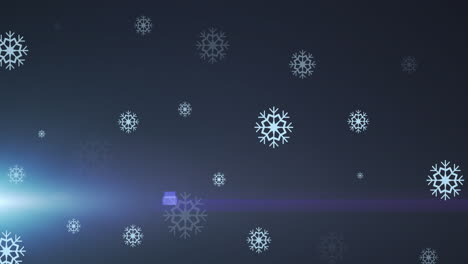 Animation-of-snowflakes-floating-against-light-spot-on-blue-background-with-copy-space