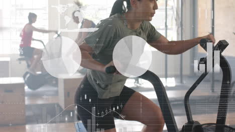Animation-of-interface-processing-data-over-caucasian-woman-cross-training-on-elliptical-at-gym