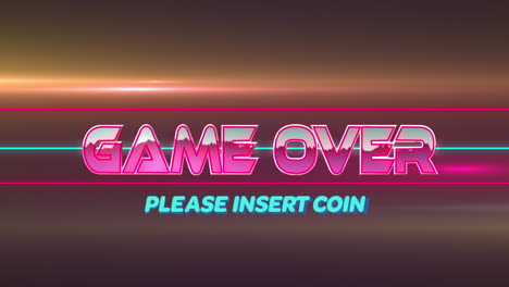 Animation-of-game-over-please-insert-coin-text-over-neon-banner-and-light-trails-on-grey-background