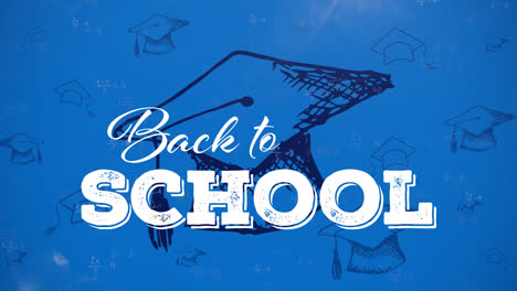 Animation-Des-Textes-„Zurück-Zur-Schule“-über-Abschlusshüten-Auf-Blauem-Hintergrund