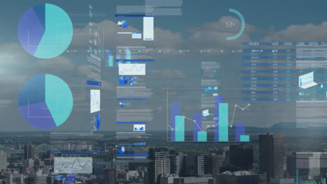 Animation-of-infographic-interface-over-modern-cityscape-against-cloudy-sky
