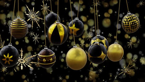 Swinging-black-and-gold-christmas-baubles-over-snowflakes-and-bokeh-lights-on-dark-background