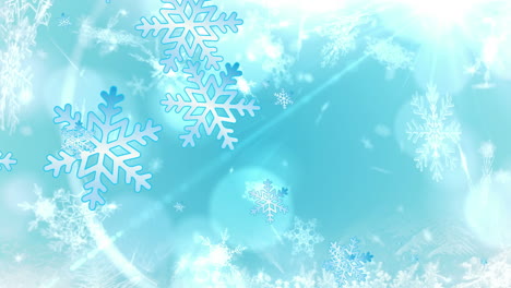 Animation-of-snowflakes-and-lens-flares-over-blue-background