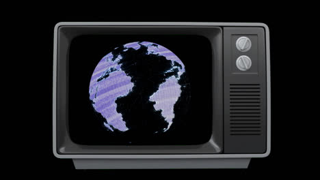 Animation-of-vintage-tv-with-globe-on-black-background