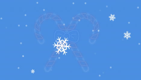 Animation-Von-Schneeflocken,-Die-über-Das-Neon-Zuckerstangen-Symbol-Auf-Blauem-Hintergrund-Mit-Kopierbereich-Fallen