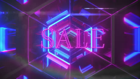 Animation-of-sale-text-banner-against-neon-hexagonal-tunnel-in-seamless-pattern