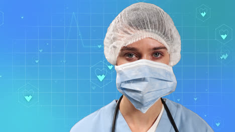 Animation-of-medical-icons-and-caucasian-female-doctor-with-face-mask-on-blue-background