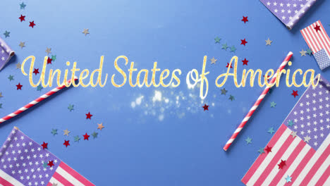 Animation-of-united-states-of-america-text-over-flags-of-united-states-of-america-on-blue-background