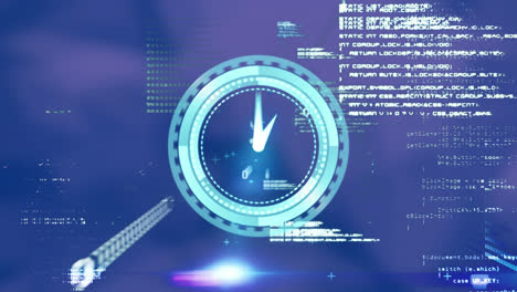 Animation-of-clock-over-network-of-connections-on-purple-background